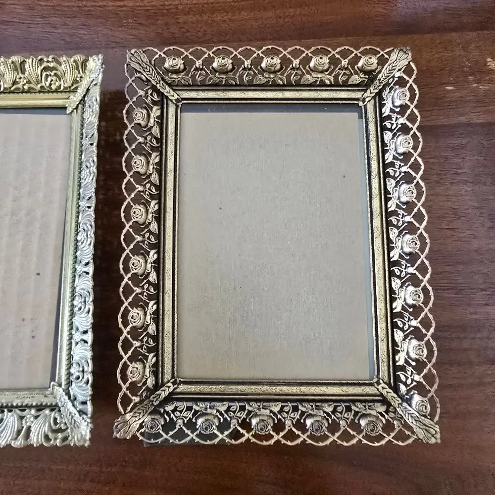 Vintage Ornate Brass Photo Frame Set Gold Tone MCM Filigree‎ Flowers Easel